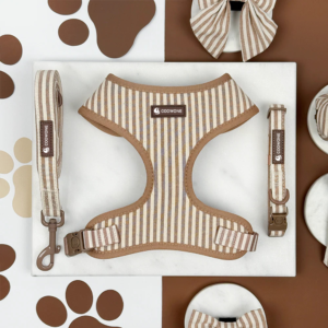 Custom Logo Adjustable Dog Harness Set Neoprene Oxford Stripe Dog Leash Pet Harness Bow Tie Luxury Padded No Pull Dog Harness